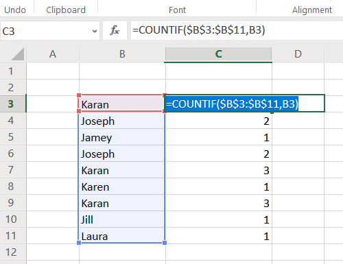 นับค่าที่ซ้ำกันในคอลัมน์ใน Excel