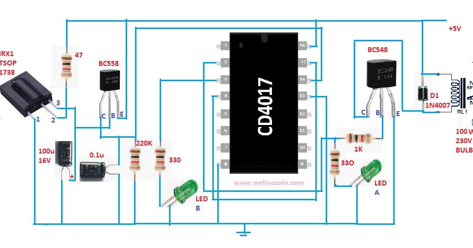 IR (Infrared) Remote controlled switch circuit diagram for Light/Fan