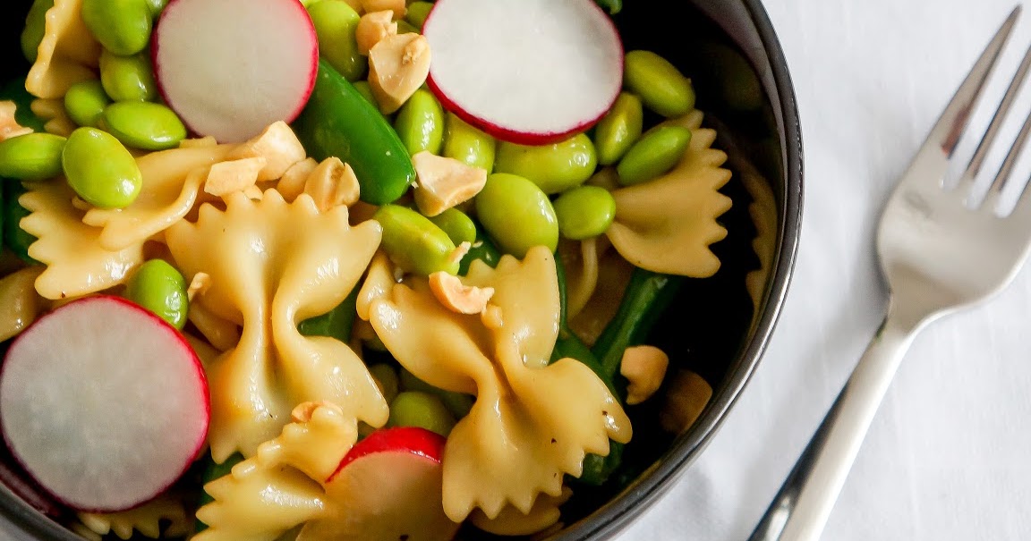 Pasta salad with edamame and sugar snap peas