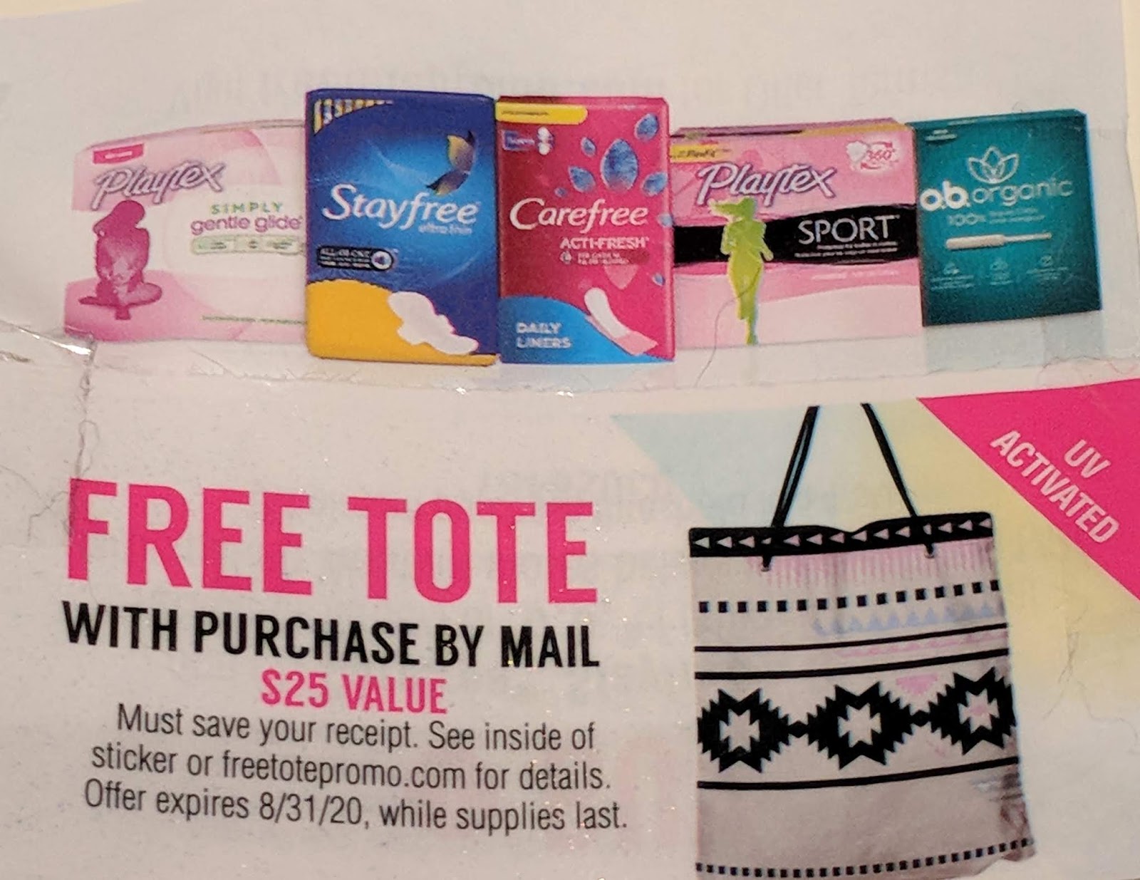 One Momma Saving Money Free tote with select Feminine Care products at