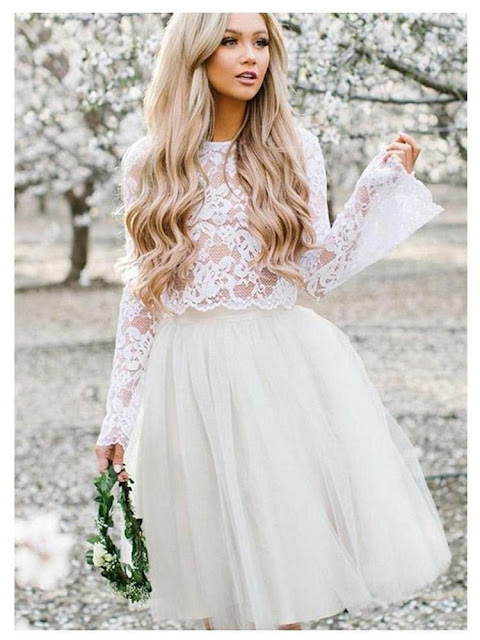Casual Short Two Piece Wedding Dress with Lace Top, Bridal Separates with Tulle Skirt