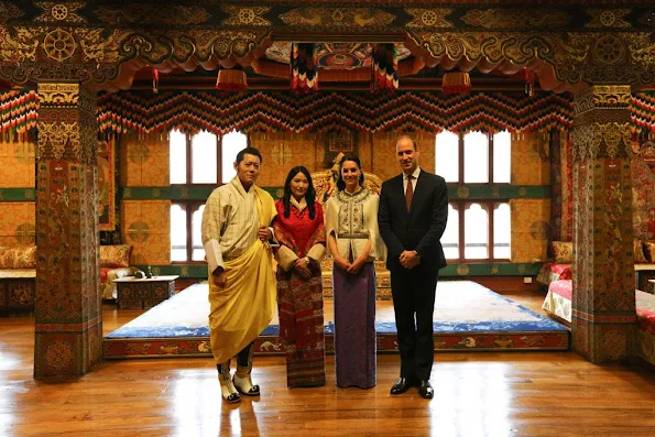 Prince William and Catherine, Duchess of Cambridge pose with King Jigme Khesar Namgyel Wangchuck and Queen Jetsun Pema visited the Golden Throne Room of the Dzong