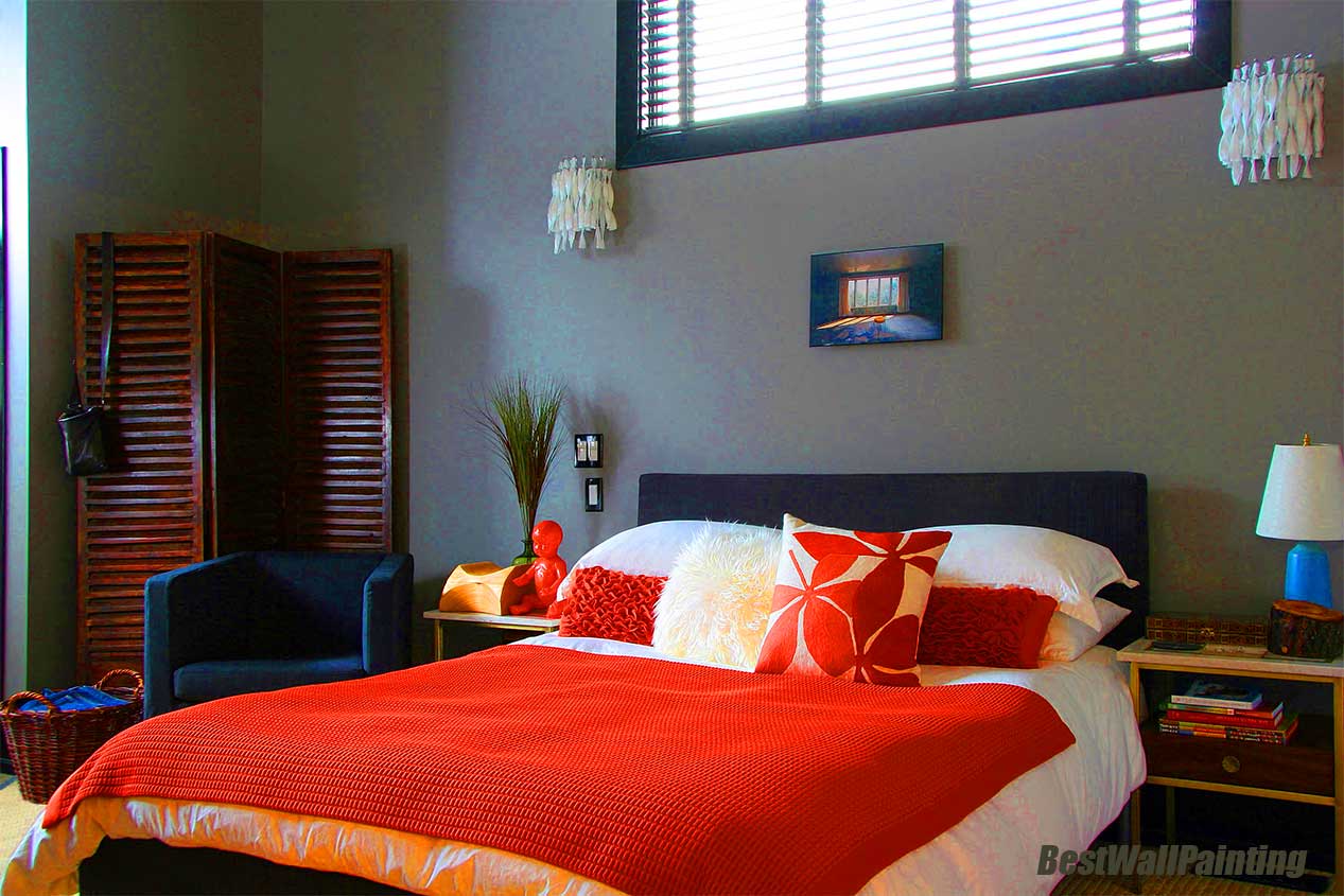 Red and grey color scheme for bedroom