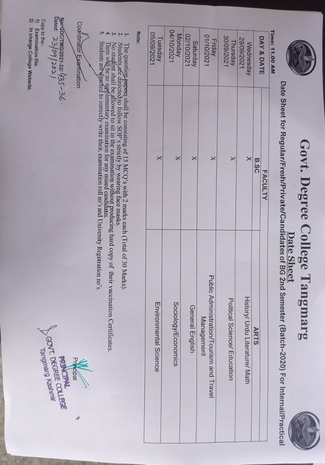 GDC Tangmarg BG 2nd Sem Internal/Practical Datesheet 2021 JK Student Info