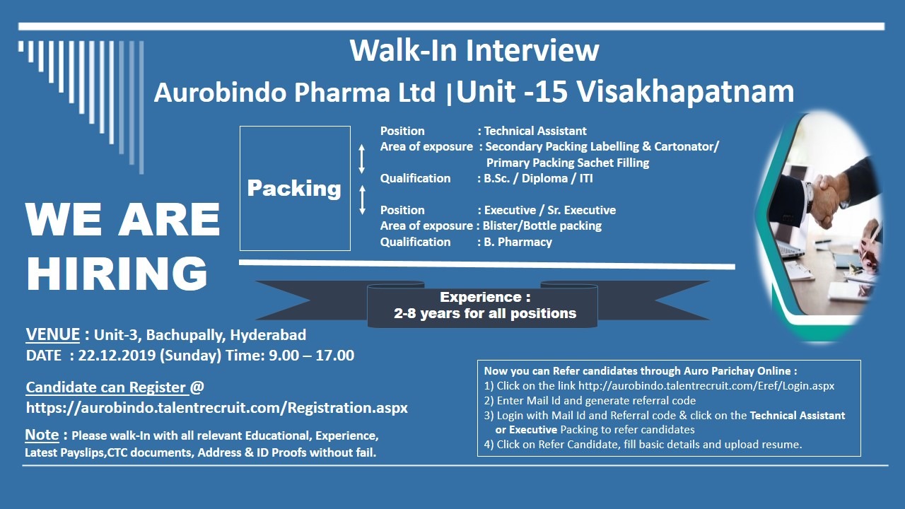 Aurobindo Pharma Ltd WalkIn Interviews for Vizag Location on 22nd