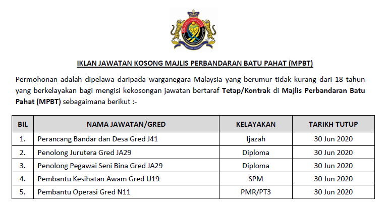 Permohonan Jawatan Kosong di Majlis Perbandaran Batu Pahat 