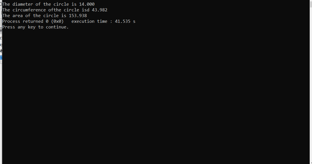 programming language codes: programme C(radius of circle)