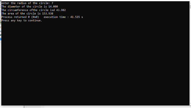 programming language codes: programme C(radius of circle)