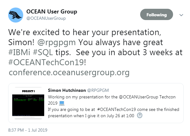 We're excited to hear your presentation, Simon! @rpgpgm You always have great #IBMi #SQL tips.  See you in about 3 weeks at #OCEANTechCon19! 