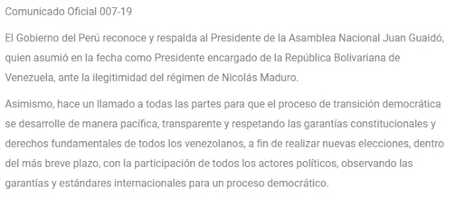 Gobierno del Perú reconoce a Juan Guaidó como Presidente encargado de la República Bolivariana de Venezuela