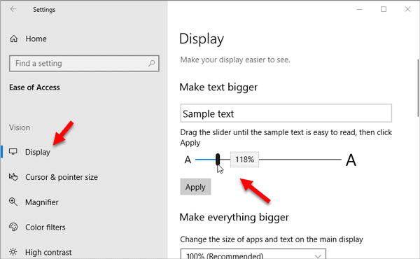 Comment agrandir le texte sur Windows 10