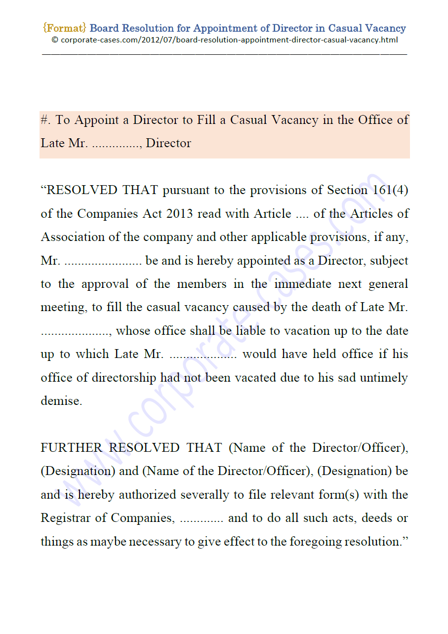 board resolution for appointment of director in casual vacancy board resolution for appointment of director in casual vacancy