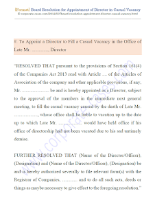 format of board resolution for appointment of director in casual vacancy due to death