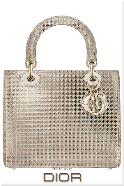 ♦Dior Lady Dior champagne metallic top handle calfskin bag with micro-canage motif and classic Dior charms in gold #dior #bags #ladydior #brilliantluxury