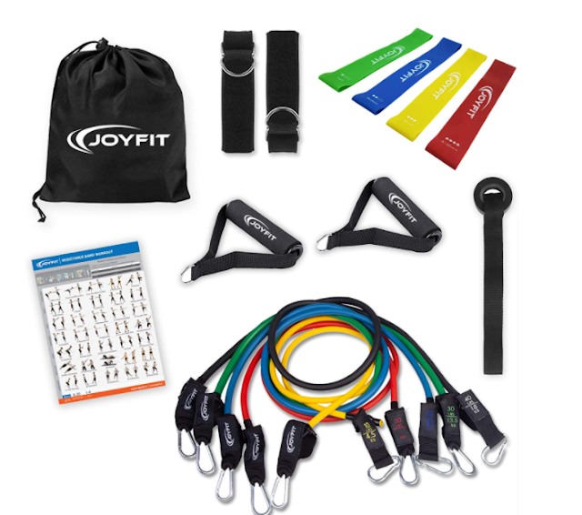 Joyfit Full Body Workout Set with 5 Stackable Toning Tubes (up to 150lbs), 4 Mini Resistance Bands, 1 Door Anchor, 2 Foam Handles & 2 Ankle Straps, Workout Chart & Carry Bag for Men & Women