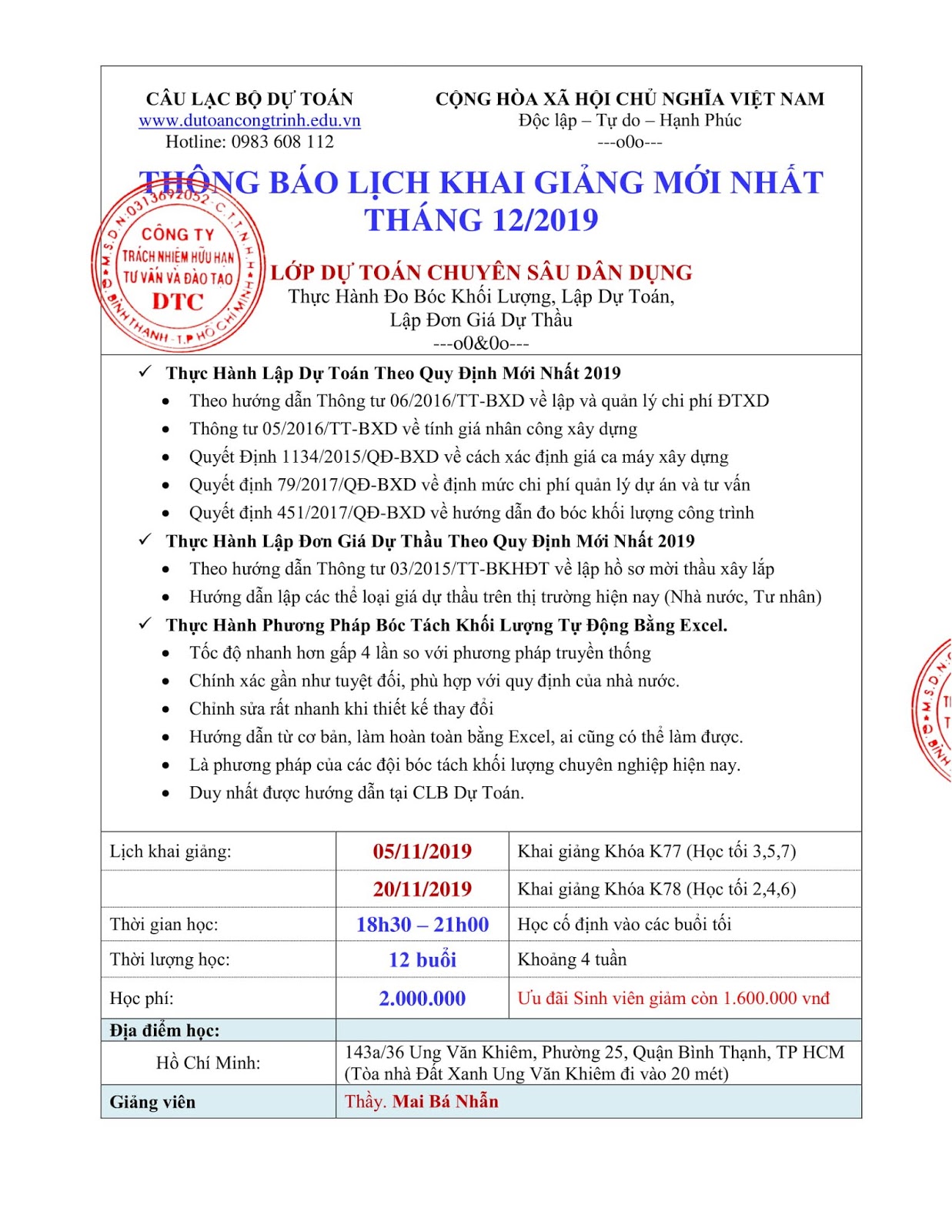 TB Chiêu sinh lớp dạy kèm bóc khối lượng Tháng 12-2019 tại CLB Dự Toán DTC TB Chiêu sinh lớp dạy kèm bóc khối lượng Tháng 12-2019 tại CLB Dự Toán DTC