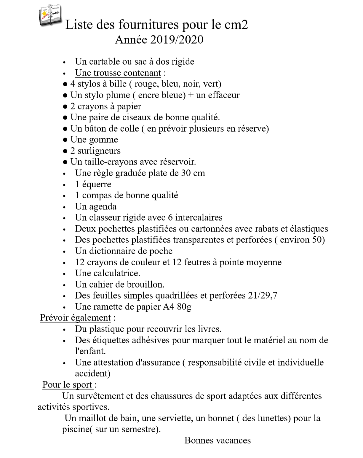 Listes des fournitures scolaires Ecole Elémentaire du Centre 20192020