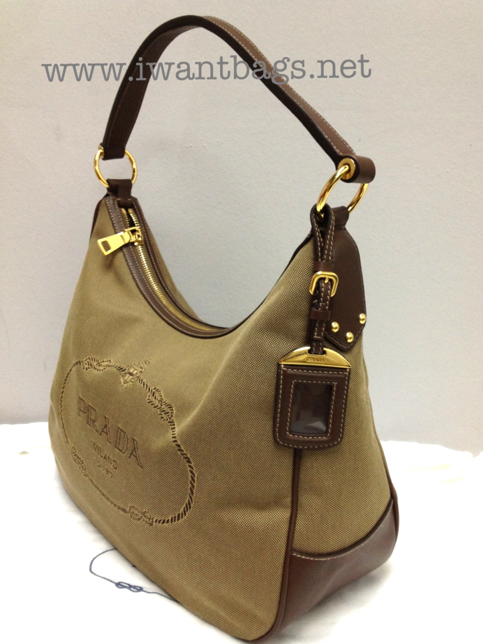Prada BR3422 Logo Jacquard Canvas Hobo Brown