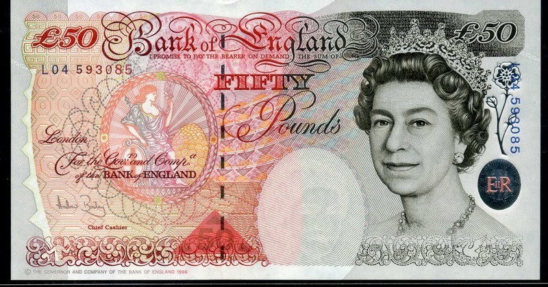 British notes 50 Pounds banknote 1994 Queen Elizabeth II & Sir John