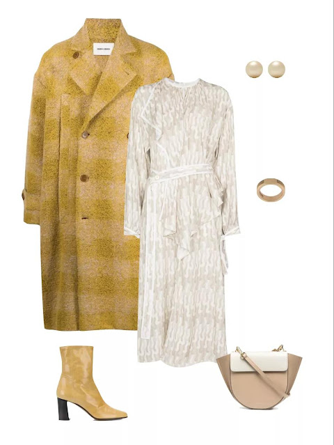 The ginger cocoon-shaped plaid coat and white dress.