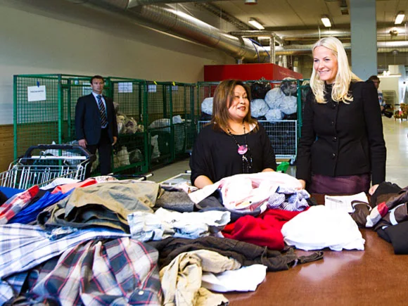 Crown Princess Mette-Marit of Norway visited the charity shop Fretex in Oslo. Style of Princess Mette-Marit