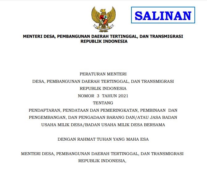 Permendesa No 3 Tahun 2021 Tentang Bumdes Pdf Download Format Administrasi Desa