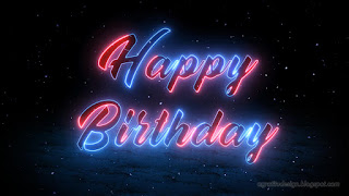 Happy Birthday Neon Light Lettering On Dark Blue Rough Floor Tiles With Falling Snow