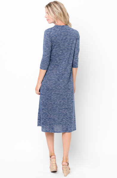 Shop for Navy Swing Midi Dress 3/4 Sleeves Crew Neck Online on Caralase.com