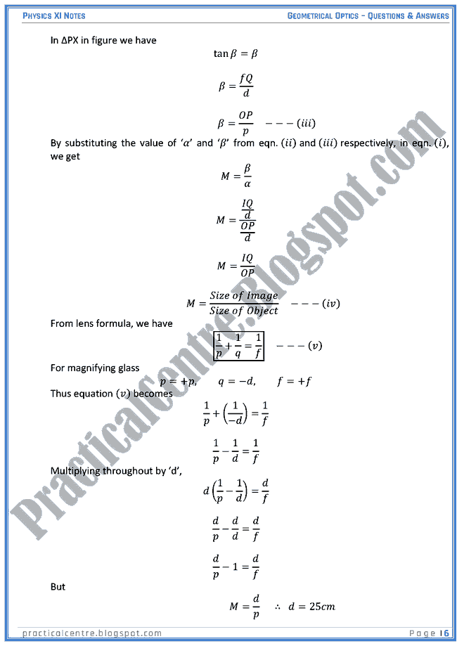 Geometrical Optics Questions & Answers Physics XI Practical Centre