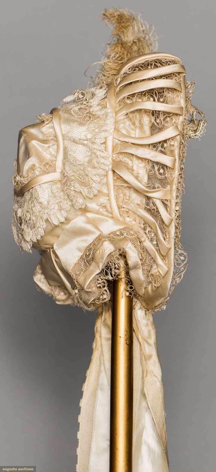 In the Swan's Shadow: OFF WHITE SILK & LACE BONNET, 1850s
