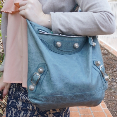 Balenciaga tempete storm blue day hobo bag with lace pencil skirt | awayfromtheblue