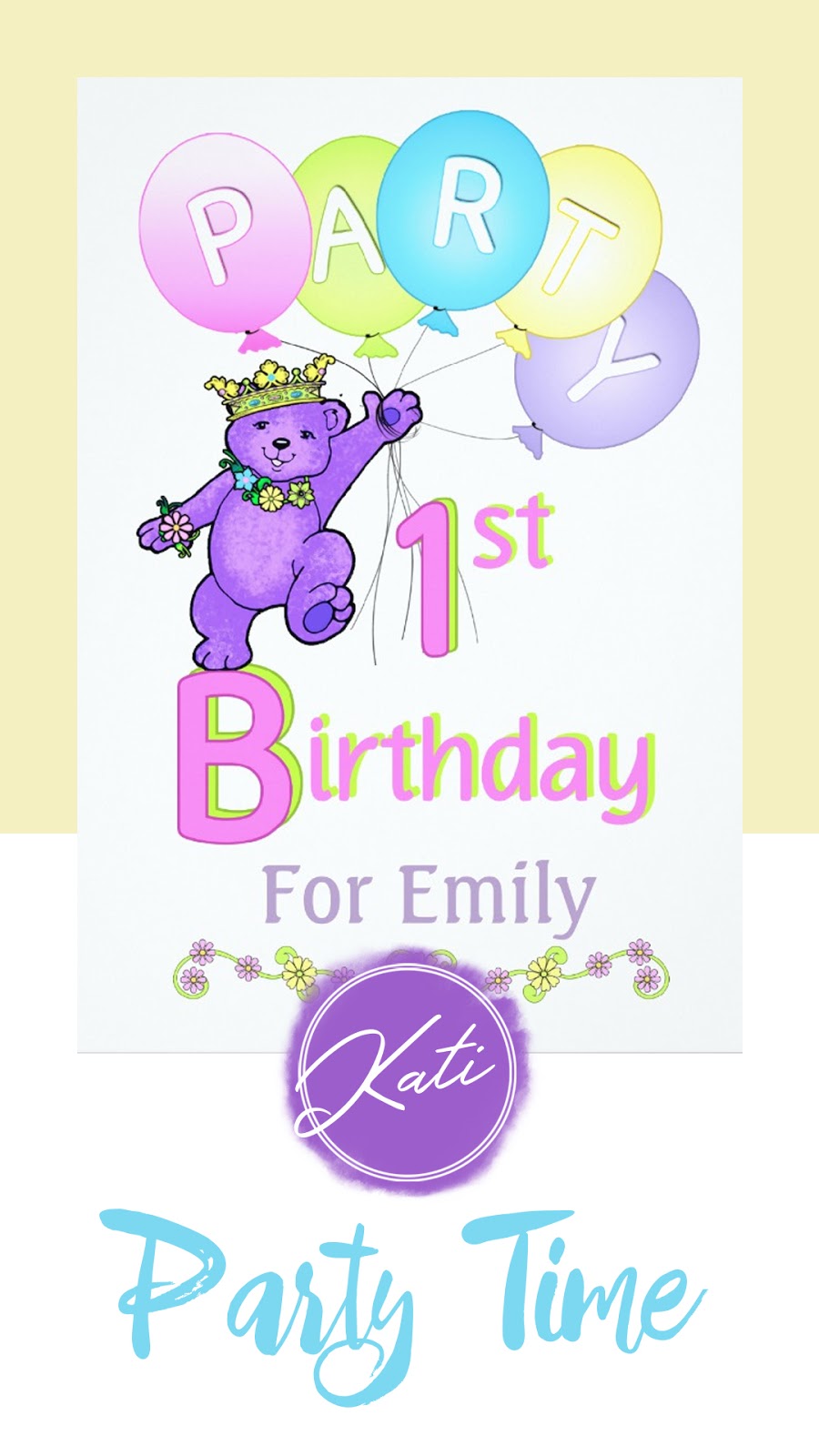 Purple bear and balloons first birthday party collection. Featuring personalized invitations, cards, bags, gifts, and party decor. In a confetti pink, sweetness yellow, cotton candy blue, and playful purple color palette.