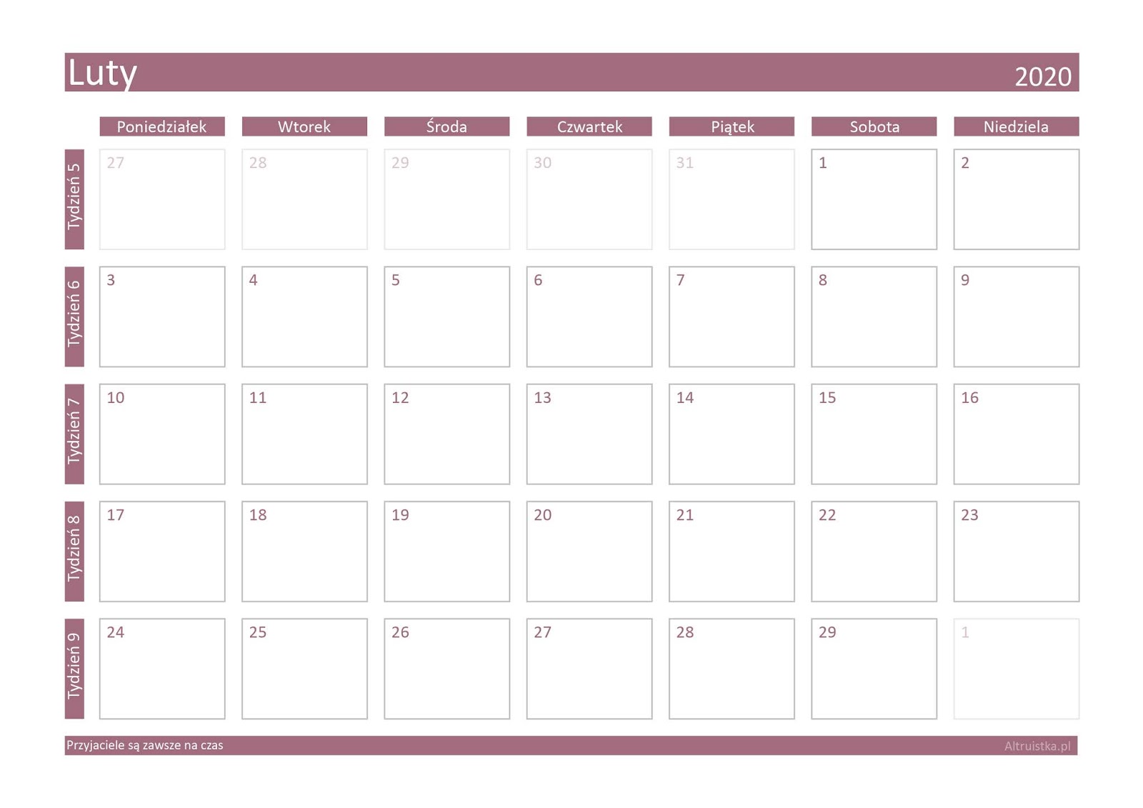 Luty 2020 - kalendarz do druku