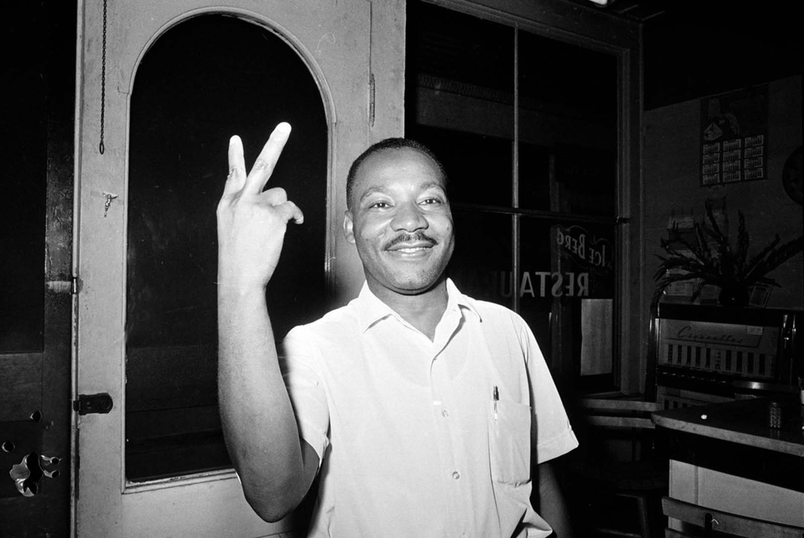 Dr. Martin Luther King, Jr., in St. Augustine, Florida, reacts after learning that the U.S. senate passed the civil rights bill on June 19, 1964.