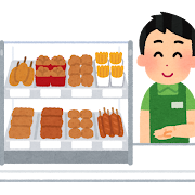 ホットスナックを勧める店員のイラスト（男性）