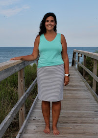 DIY striped knit skirt and v-neck tank top made from the Blank Slate Patterns Abrazo Tee pattern on the beach.