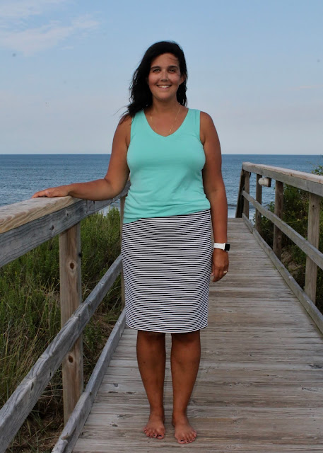 DIY striped knit skirt and v-neck tank top made from the Blank Slate Patterns Abrazo Tee pattern on the beach.