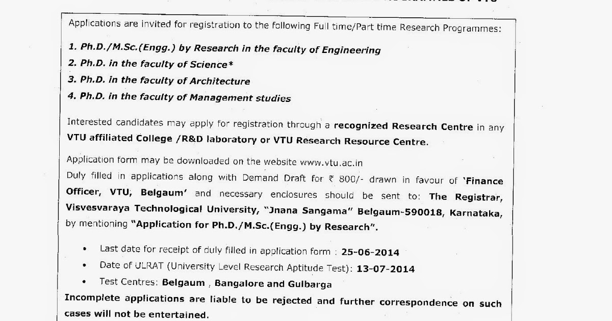 Doctor of Philosophy (Ph D): VTU Ph D Notification 2014