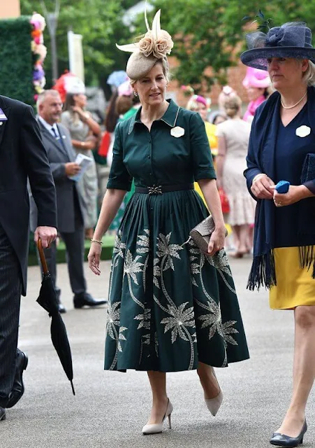 Countess of Wessex wore a new metallic embroidery palm shirt dress by Suzannah. Zara Tindall wore a floral print mini dress by Erdem