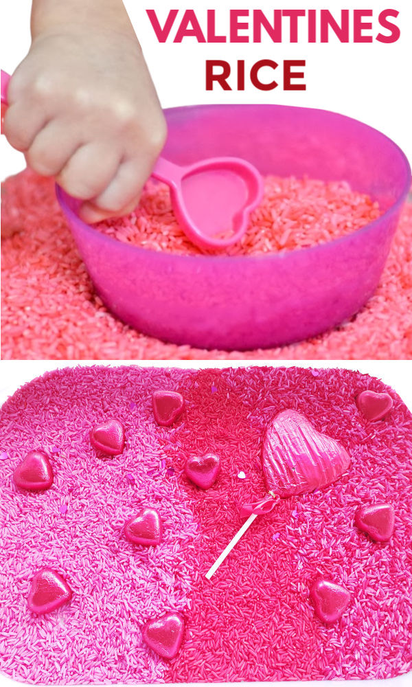 Review a variety of early learning concepts with this easy to make rice play bin, perfect for Valentine's Day! #dyedrice #sensoryactivities #sensorybins #valentinesday #howtodyerice #growingajeweledrose #activitiesforkids