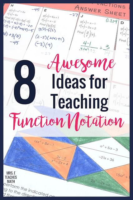 When you're teaching function notation, you need a great activity when the class notes are finished. Algebra students will love these practice activities instead of a typical worksheet. Function operations and compositions can be fun! #mrseteachesmath #functionnotation