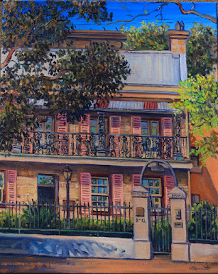 Plein air oil painting of restored 19th century sandstone building in Millers Point painted by Jane Bennett