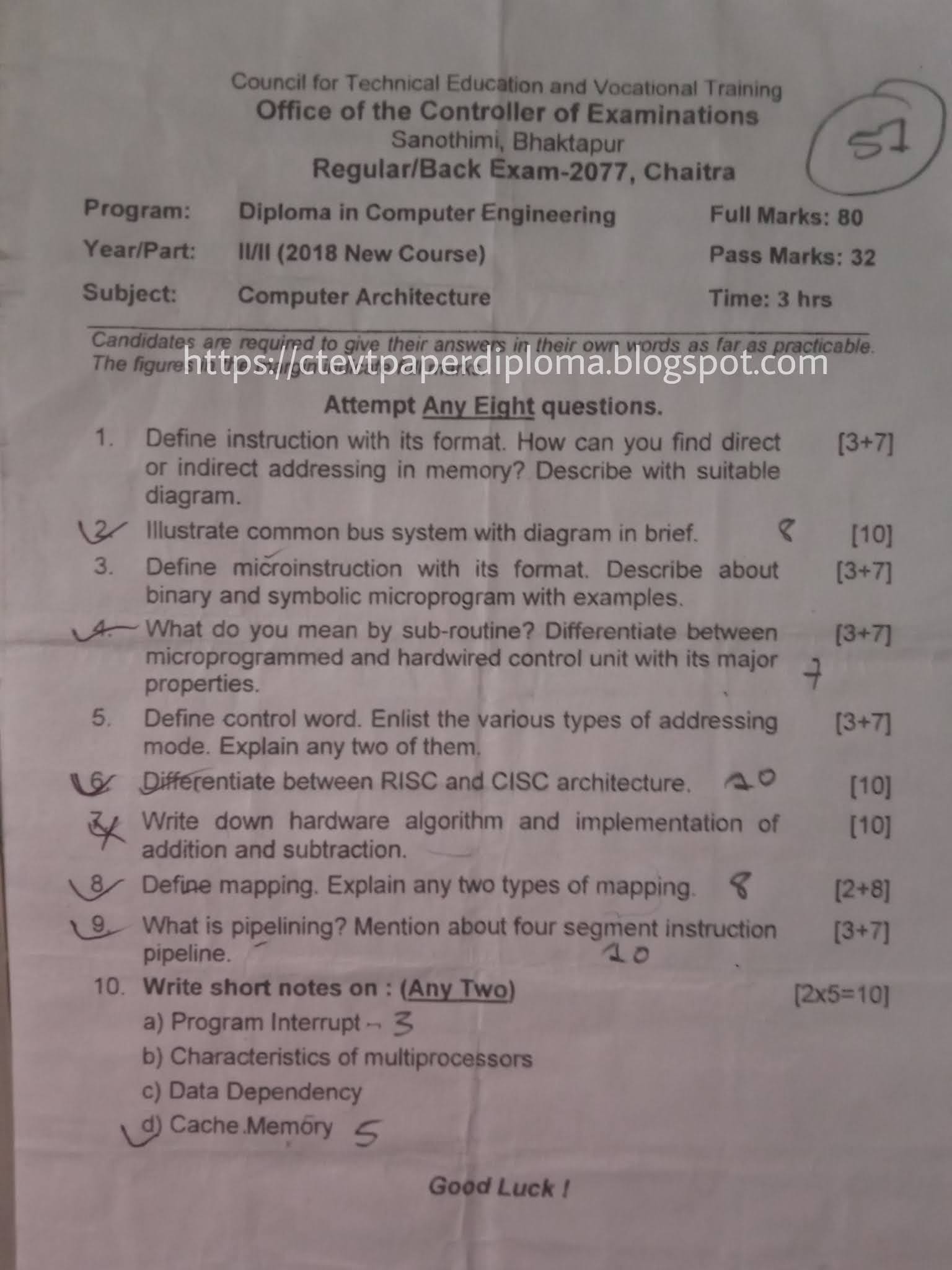 CTEVT Computer Architecture Question paper Diploma in computer