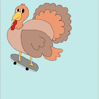 Skate or Die A gif of 2 images - one is a turkey prepared to cook and the other is a live turkey on a skateboard.