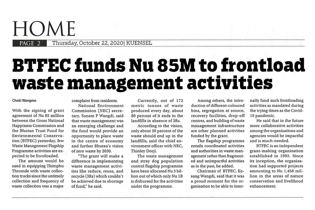 Bhutan Land Of The Thunder Dragon BTFEC’s Grant for Waste Management