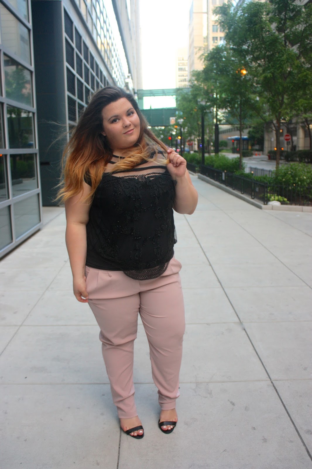 harem pants, plus size fashion, ps fashion, natalie craig, natalie in the city, chicago, fashion blogger, blush pants, beaded blouse, fatshion, fox's, TJ MAXX,