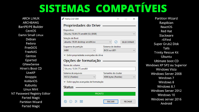 Imagem: Lista de sistemas compatível com Rufus