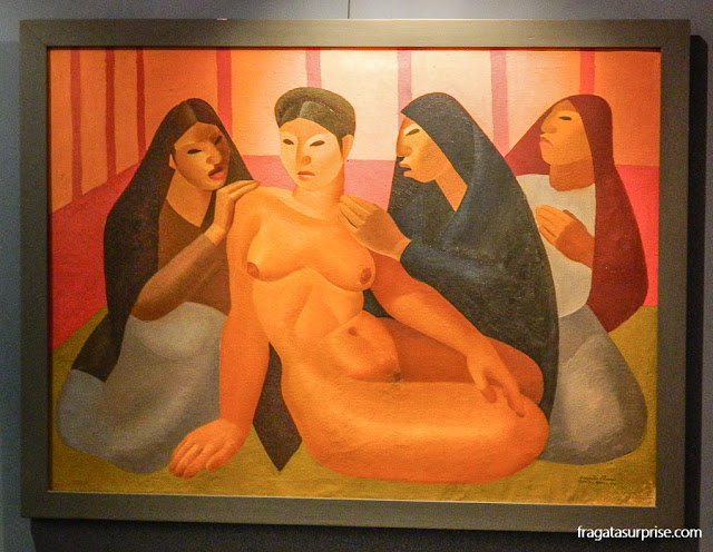 "O Conselho da Tias", obra do pintor Roberto Ossaye exposta no Museu Nacional de Belas Artes Carlos Mérida, na Cidade da Guatemala