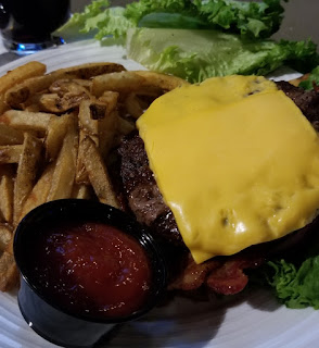 My cheeseburger and fries (no bun) from Heritage Grill, January 2019