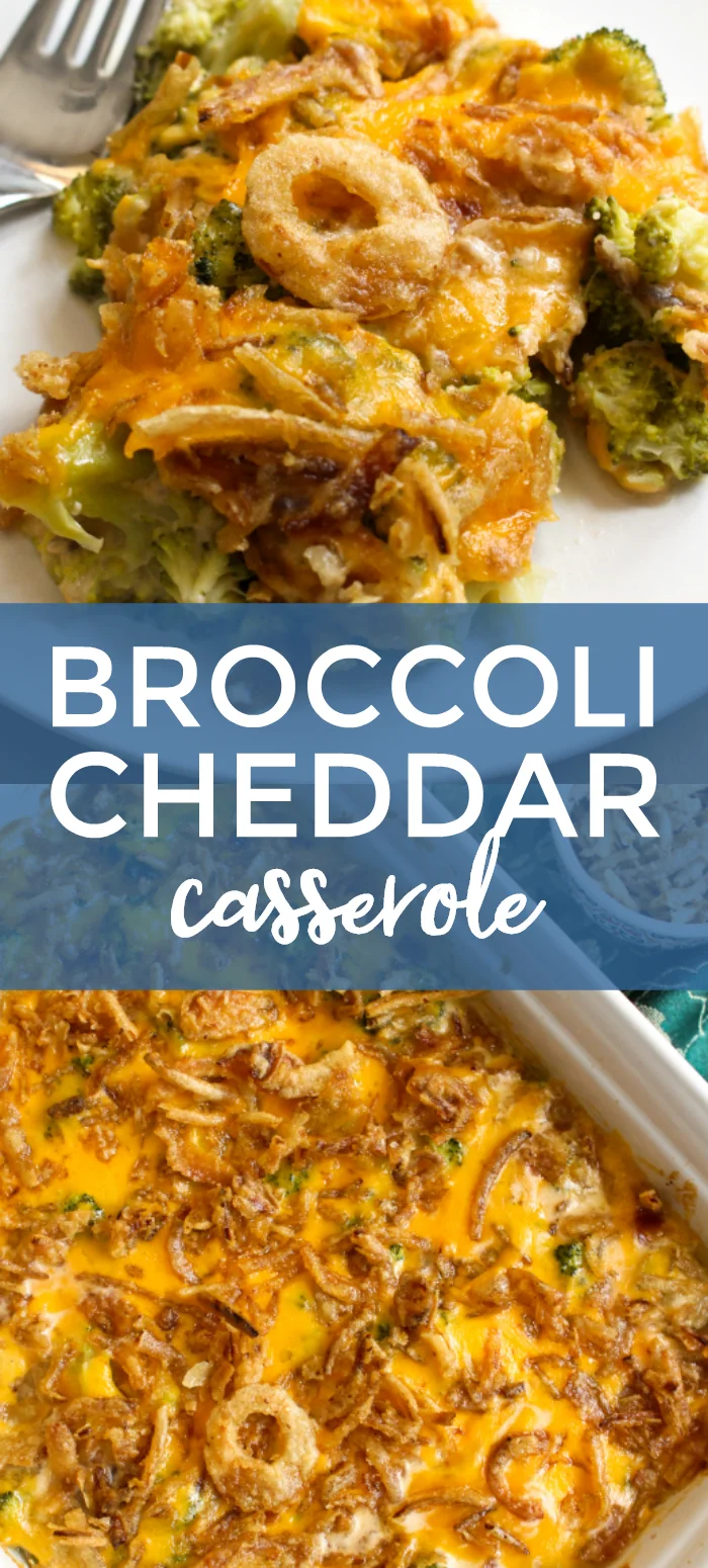 This Broccoli Cheddar Casserole is made with tender broccoli, a creamy cheddar cheese sauce, and french fried onions. It will be the hit of your next holiday dinner! #sidedishrecipes #broccoli #broccolicasserole